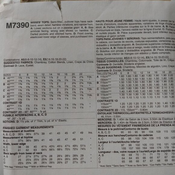 Plus Size 14-22 Pullover Tops Sewing Pattern Semi-Fitted UNCUT McCall's 7390 - Picture 5 of 9